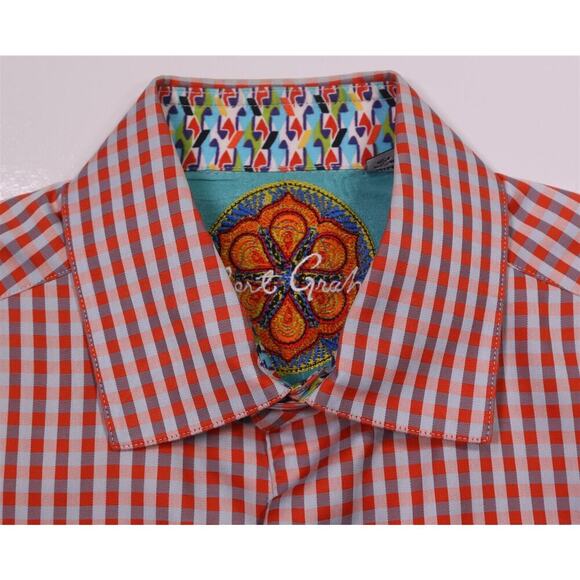 Robert Graham Orange Gingham Check Cotton Dress Shirt Men's Medium - Picture 5 of 8